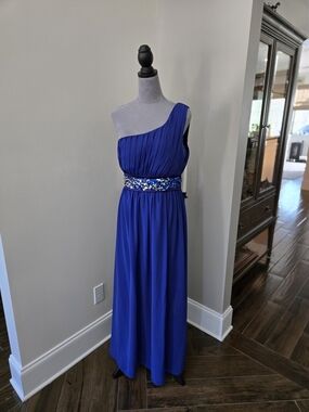 Ever Pretty One-Shoulder Cobalt Blue Evening Gown with Beaded Waist